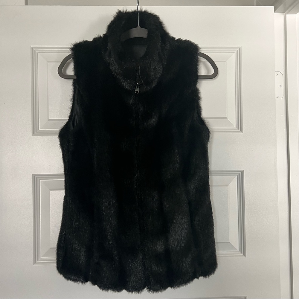 Black Furry Faux Fur Sleeveless Full Zip Vest Reversible